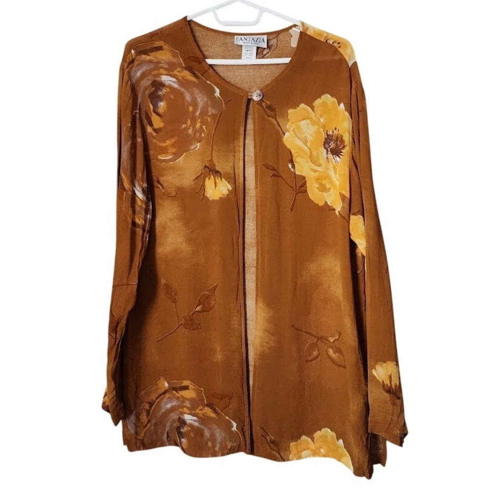 FANTAZIA Floral Rose Print Button Cardigan Top Rust Brown Cottagecore Size 1X